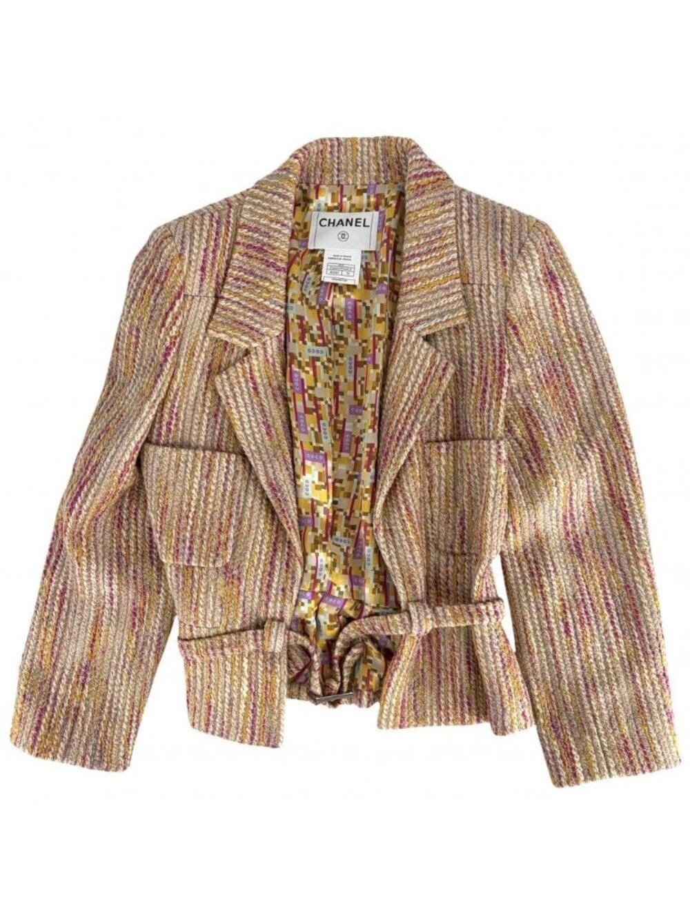 Chanel Tweed Belted Jacket 38 Beige Pink Gold Wool Spring Autumn